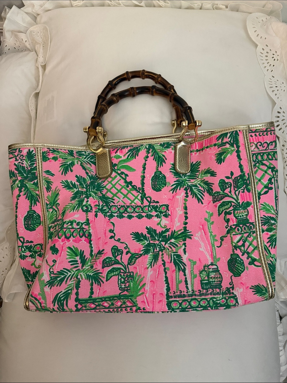 Lily Pulitzer Pink and Green Bamboo-Handle Tote - Picture 4 of 5